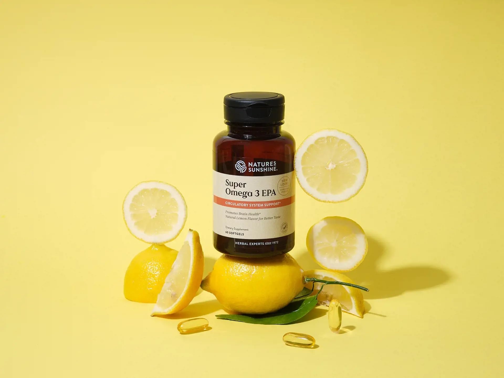 Nature's Sunshine Super Omega-3 bottle-packaging on wood shelf evokes quality and trust.