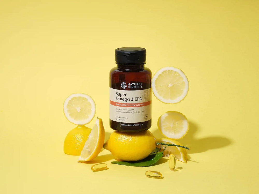 Nature's Sunshine Super Omega-3 bottle-packaging on wood shelf evokes quality and trust.