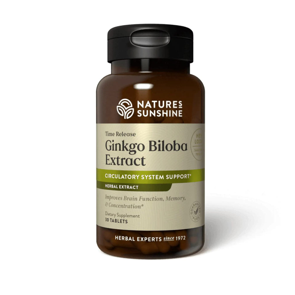 Nature's Sunshine Time-Release Ginkgo Biloba bottle shown for steady brain circulation support