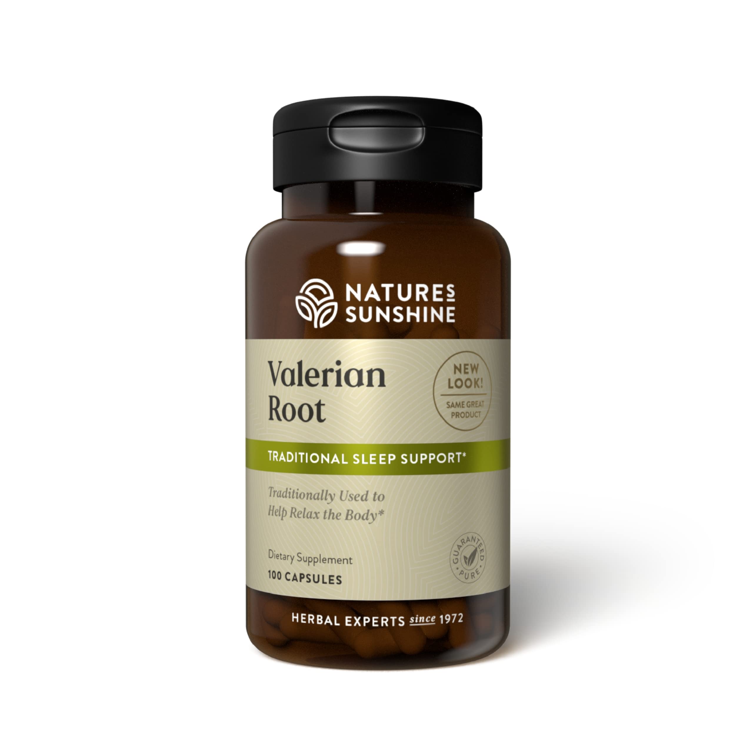 Nature's Sunshine Valerian Root capsules bottle suggesting calm relaxation and sleep support.