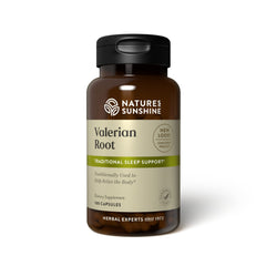Nature's Sunshine Valerian Root capsules bottle suggesting calm relaxation and sleep support.
