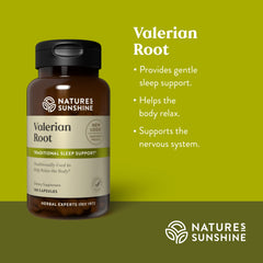 Closeup of Nature's Sunshine Valerian Root capsules emphasizing standardized valerenic acids.