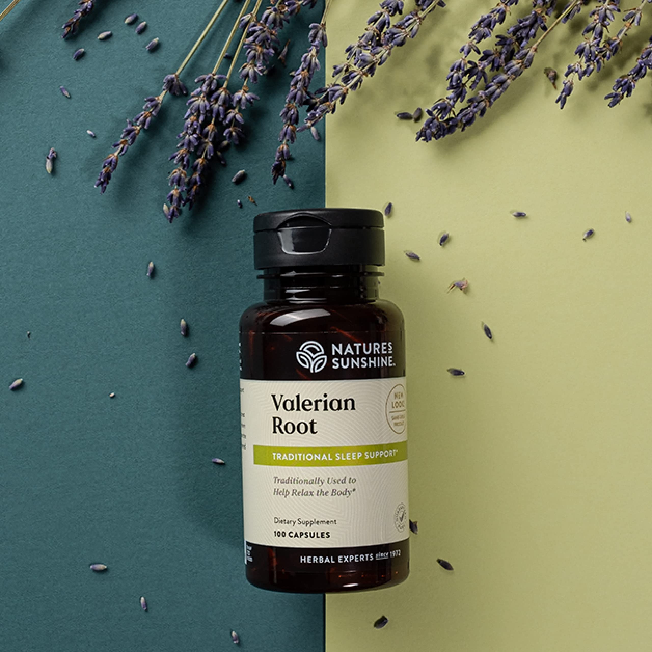 Nature's Sunshine Valerian Root label highlighting herbal blend and nervous system support.