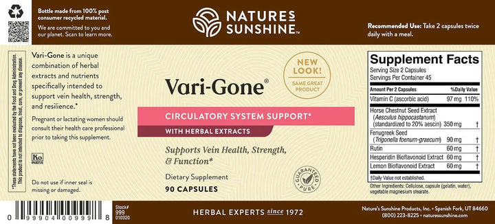 Nature's Sunshine Vari-Gone bottle beside an active person for leg health