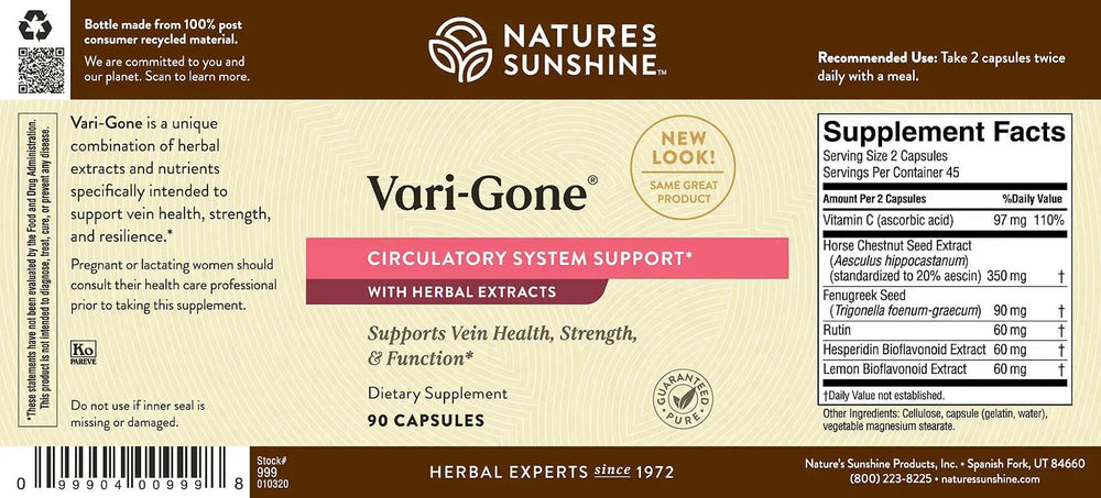 Nature's Sunshine Vari-Gone bottle beside an active person for leg health