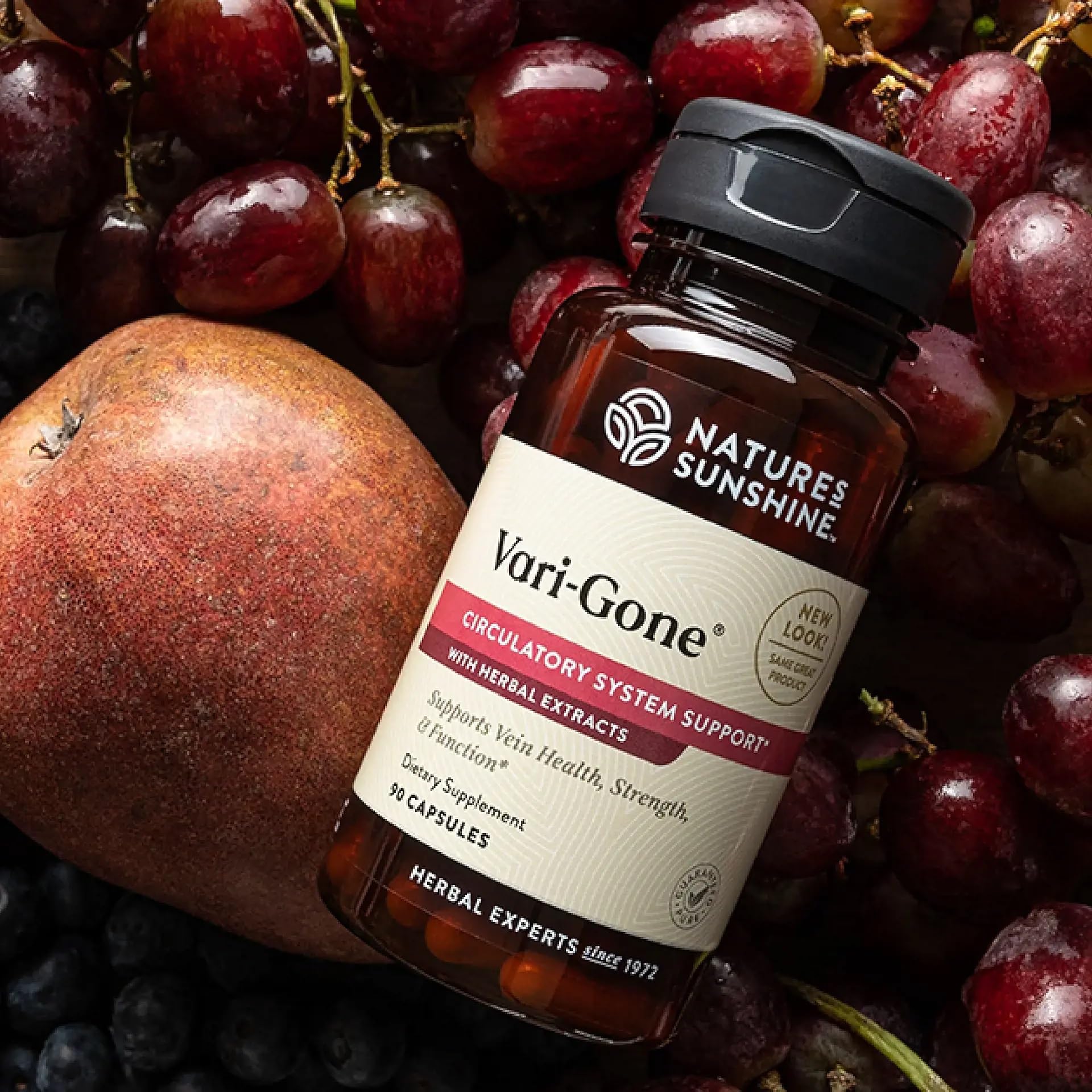 Vari-Gone capsules close-up highlighting herbal vein support formula