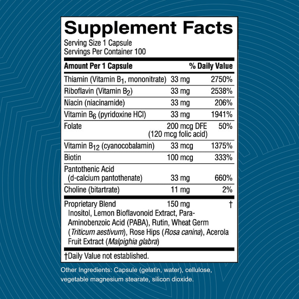 Nature's Sunshine Vitamin B-Complex 100 cap close-up shows capsule texture