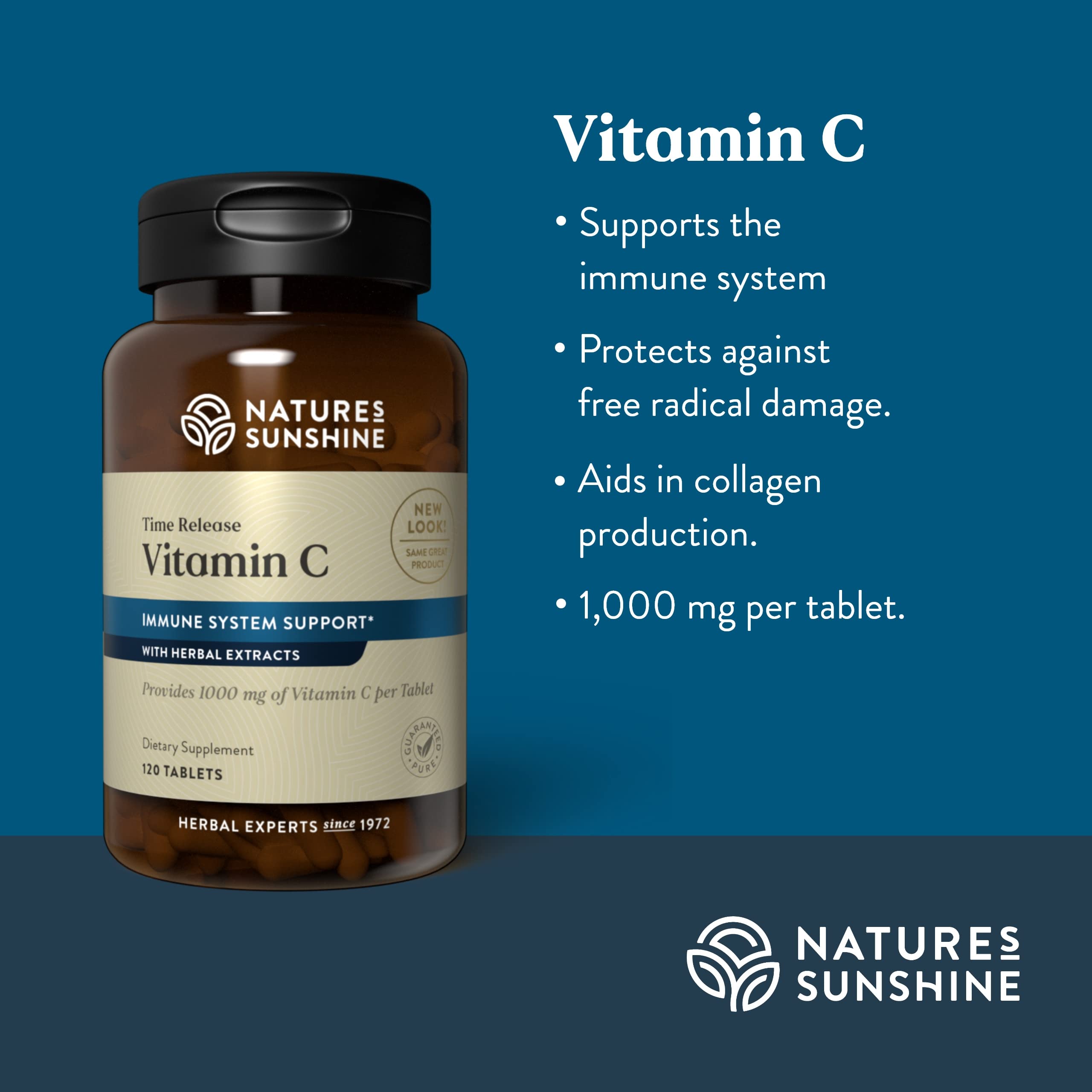 Nature's Sunshine Vitamin C Time Release tablets pouring into a glass at breakfast.