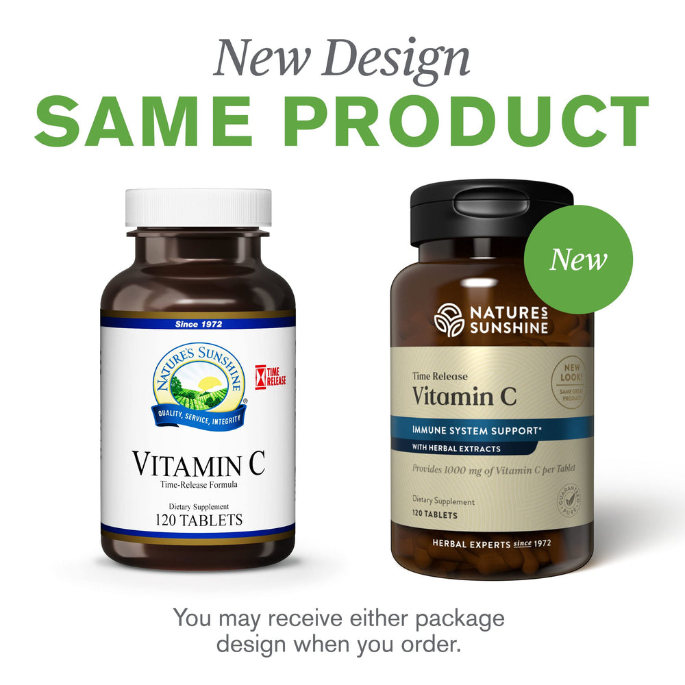 Nature's Sunshine Vitamin C Time Release travel bottle for on-the-go routines.