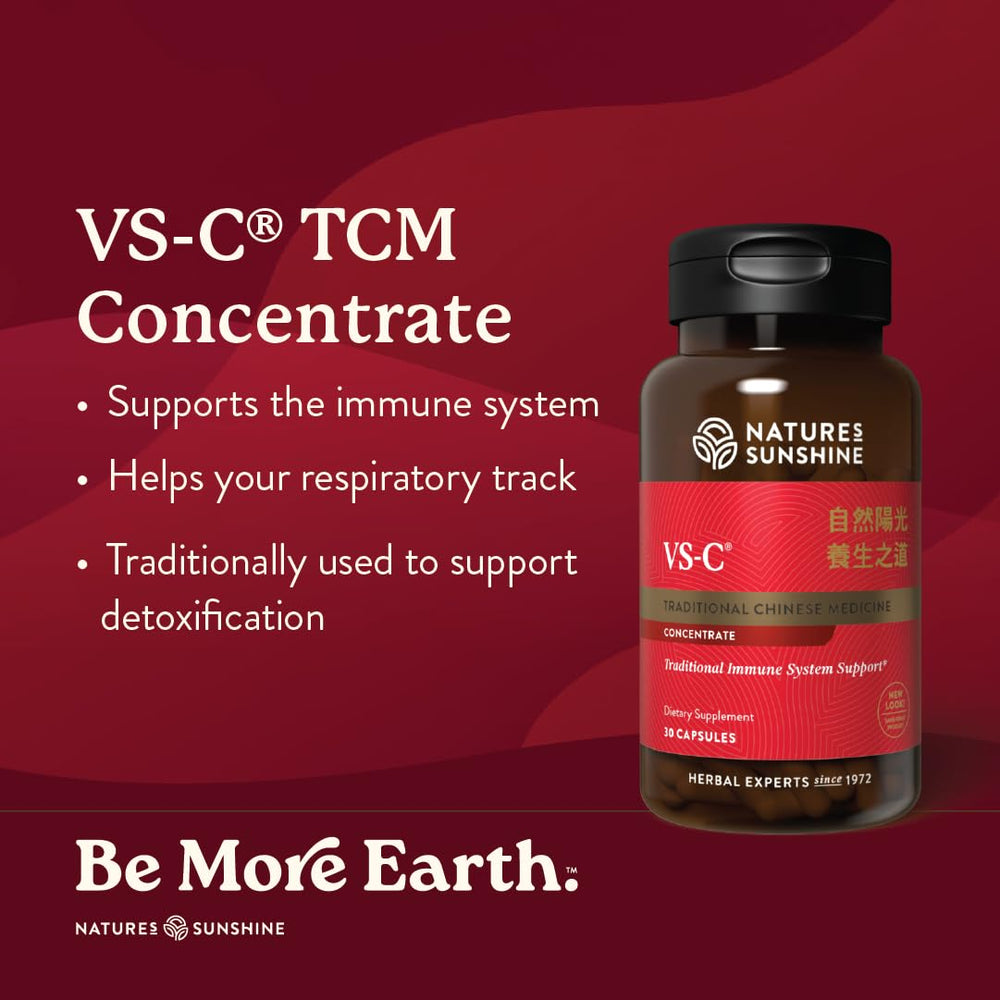Closeup of Nature's Sunshine VS-C TCM capsules for convenient daily use.