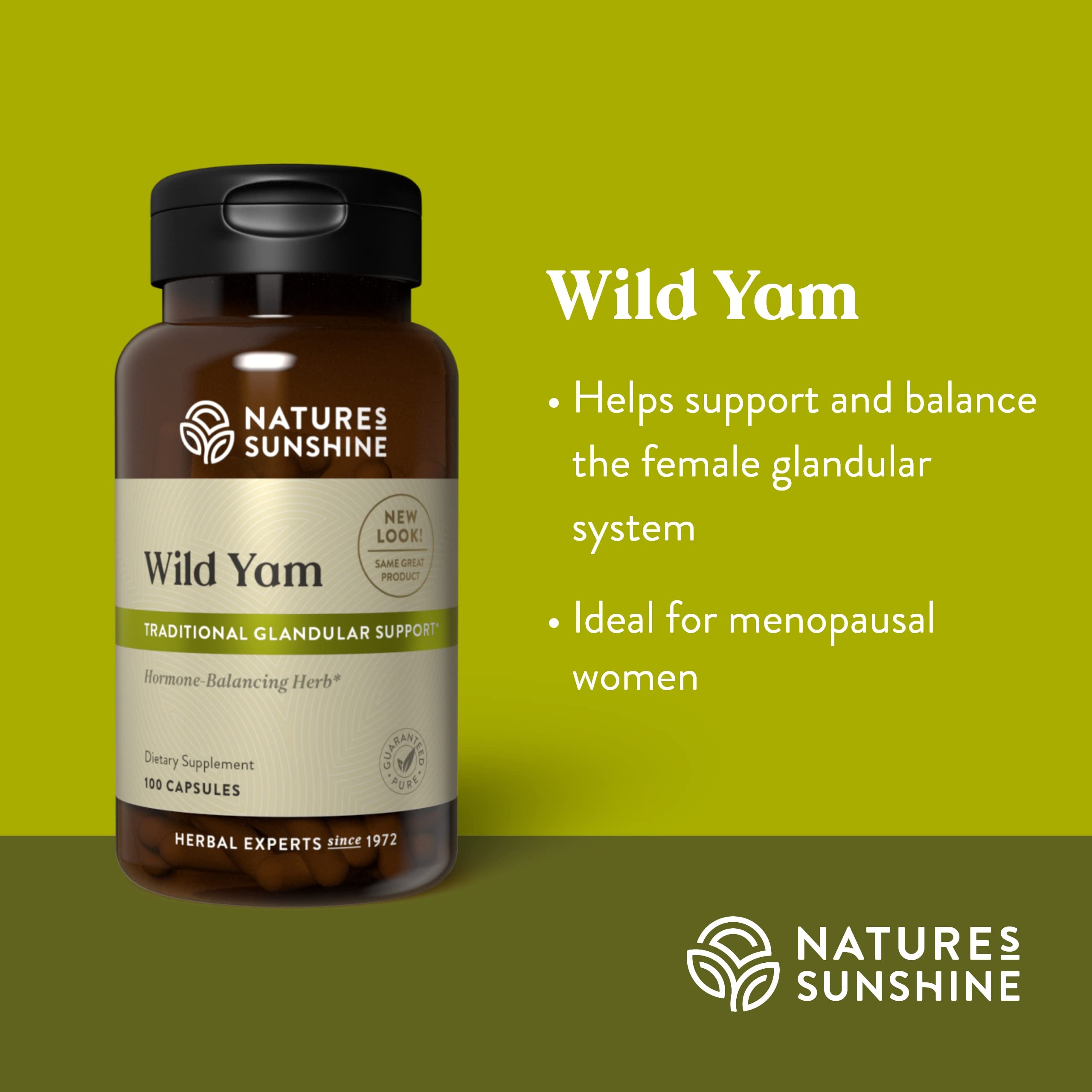 Nature's Sunshine Wild Yam bottle on shelf conveying reliable herbal support