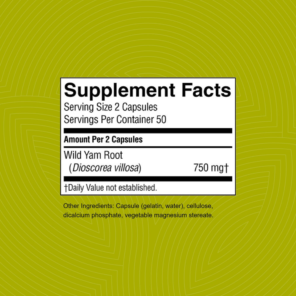Nature's Sunshine Wild Yam label detail emphasizing purity and NSF-certified manufacturing