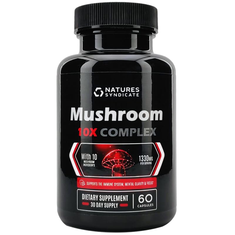 Natures Syndicate Mushroom Complex bottle displaying 60 capsules for daily cognitive wellness.