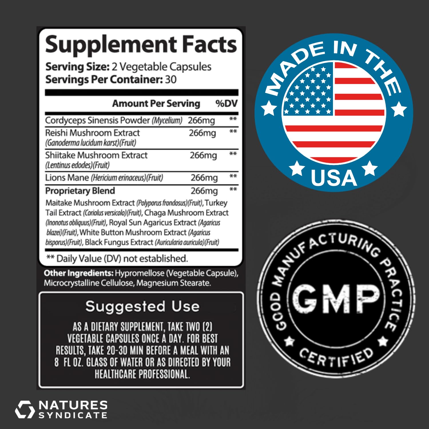 Natures Syndicate Mushroom Complex capsules close-up imply broad mushroom benefits.