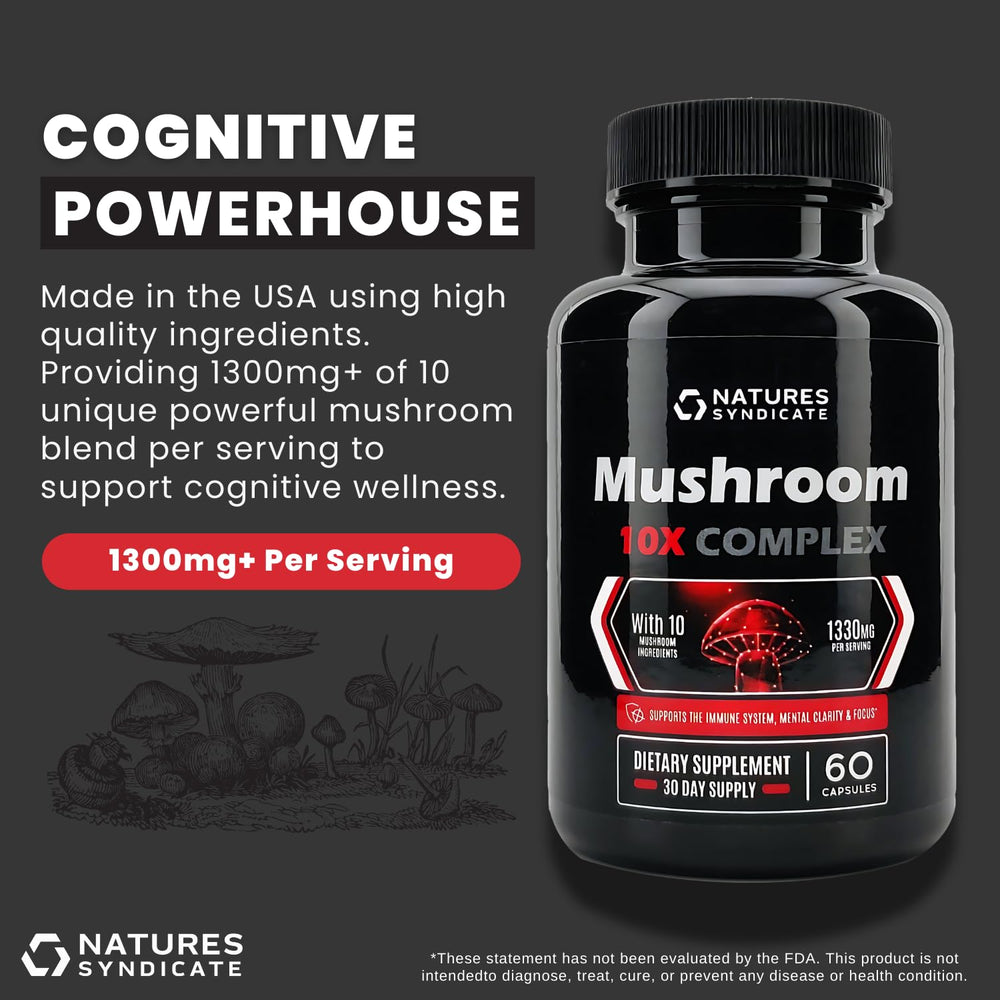 Natures Syndicate Mushroom Complex capsules close-up highlighting a 10-mushroom blend for wellness.