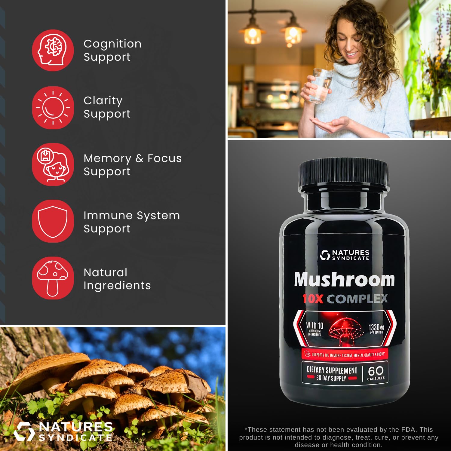 Natures Syndicate Mushroom Complex side view of bottle for travel-friendly daily use.