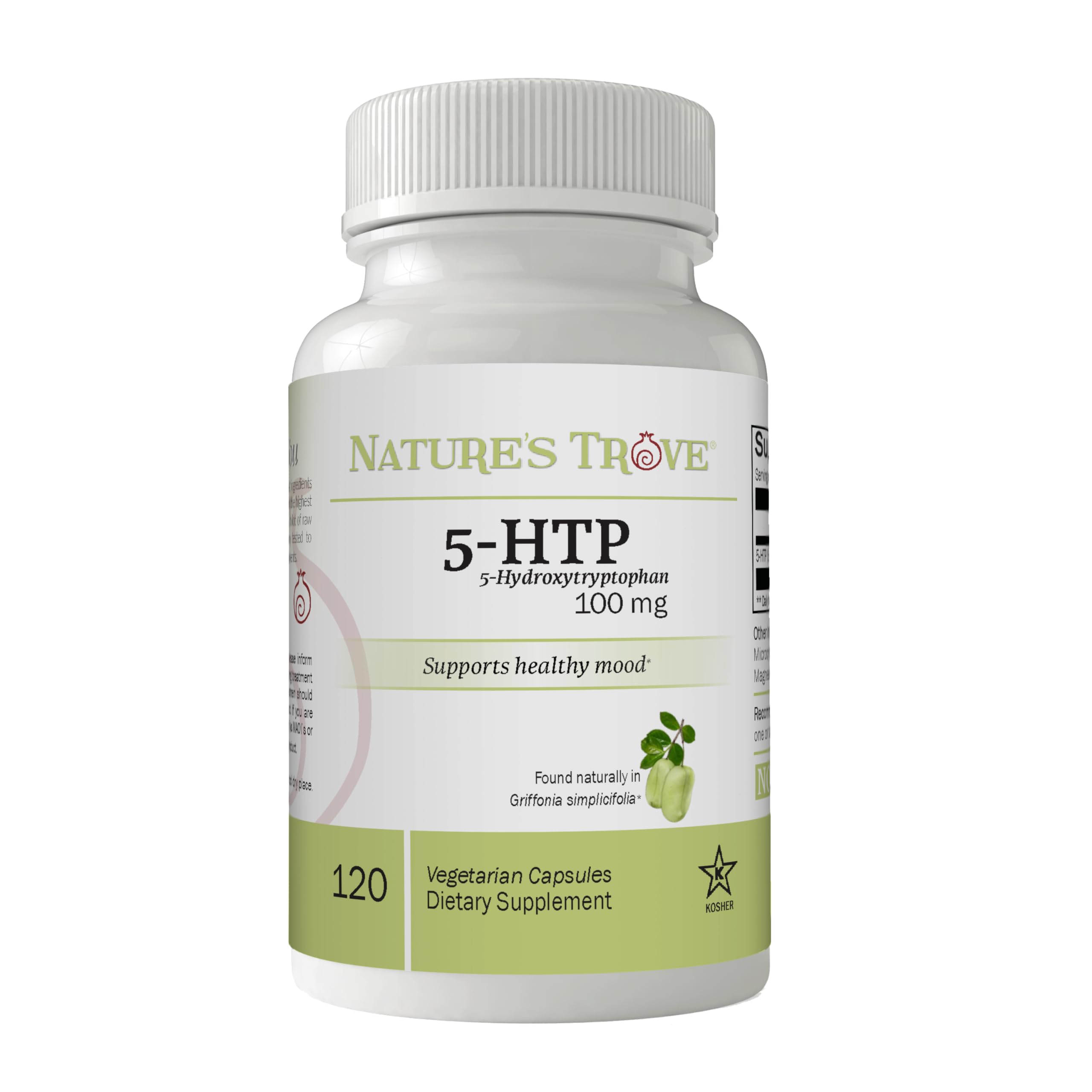 Nature's Trove 5-HTP 100mg capsules bottle supports daily calm routines.