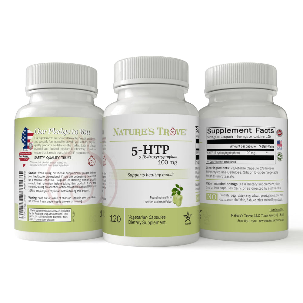Nature's Trove lab-tested 5-HTP purity badge signals quality.