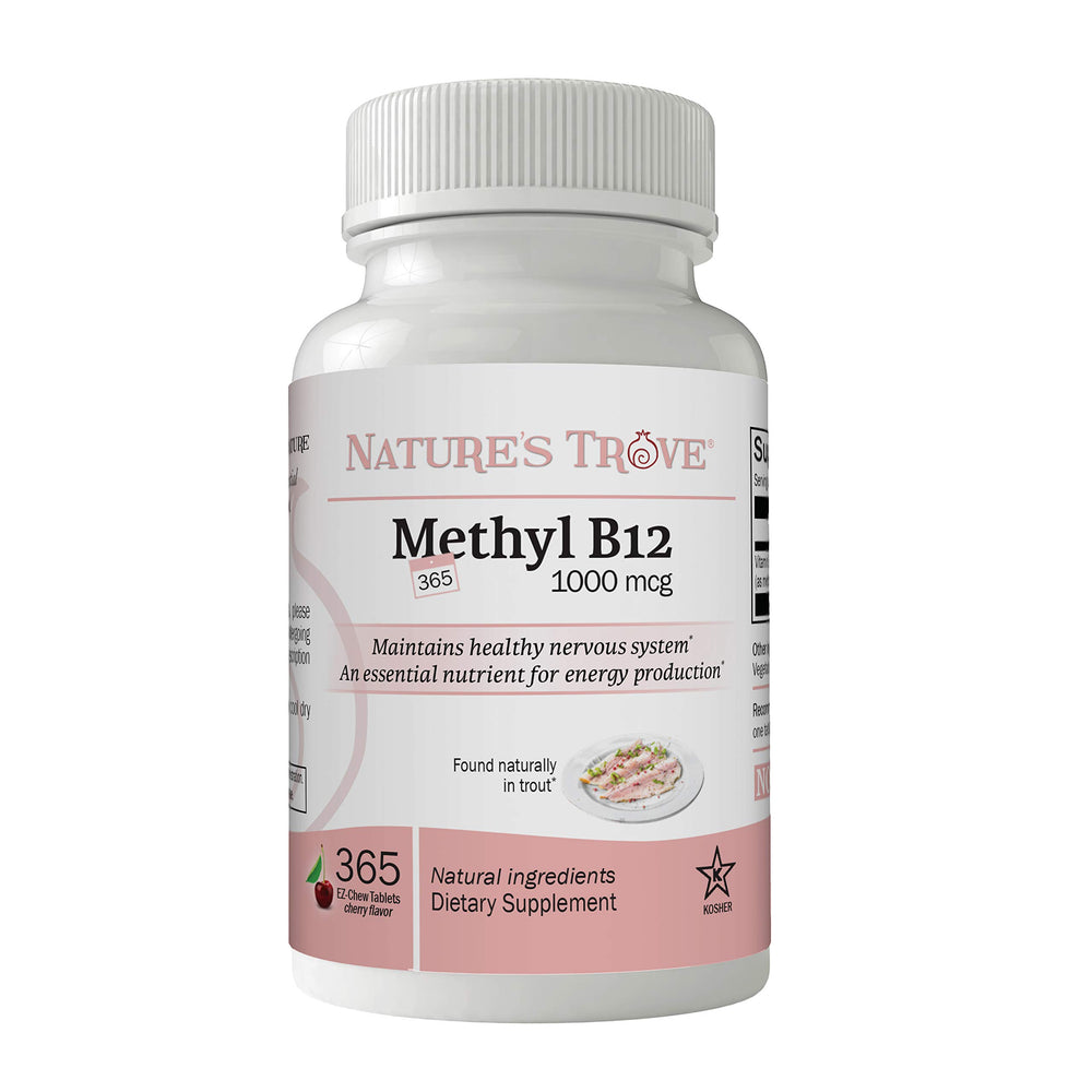 Nature's Trove B12 methylcobalamin 1000 mcg chewables bottle with cherry flavor.