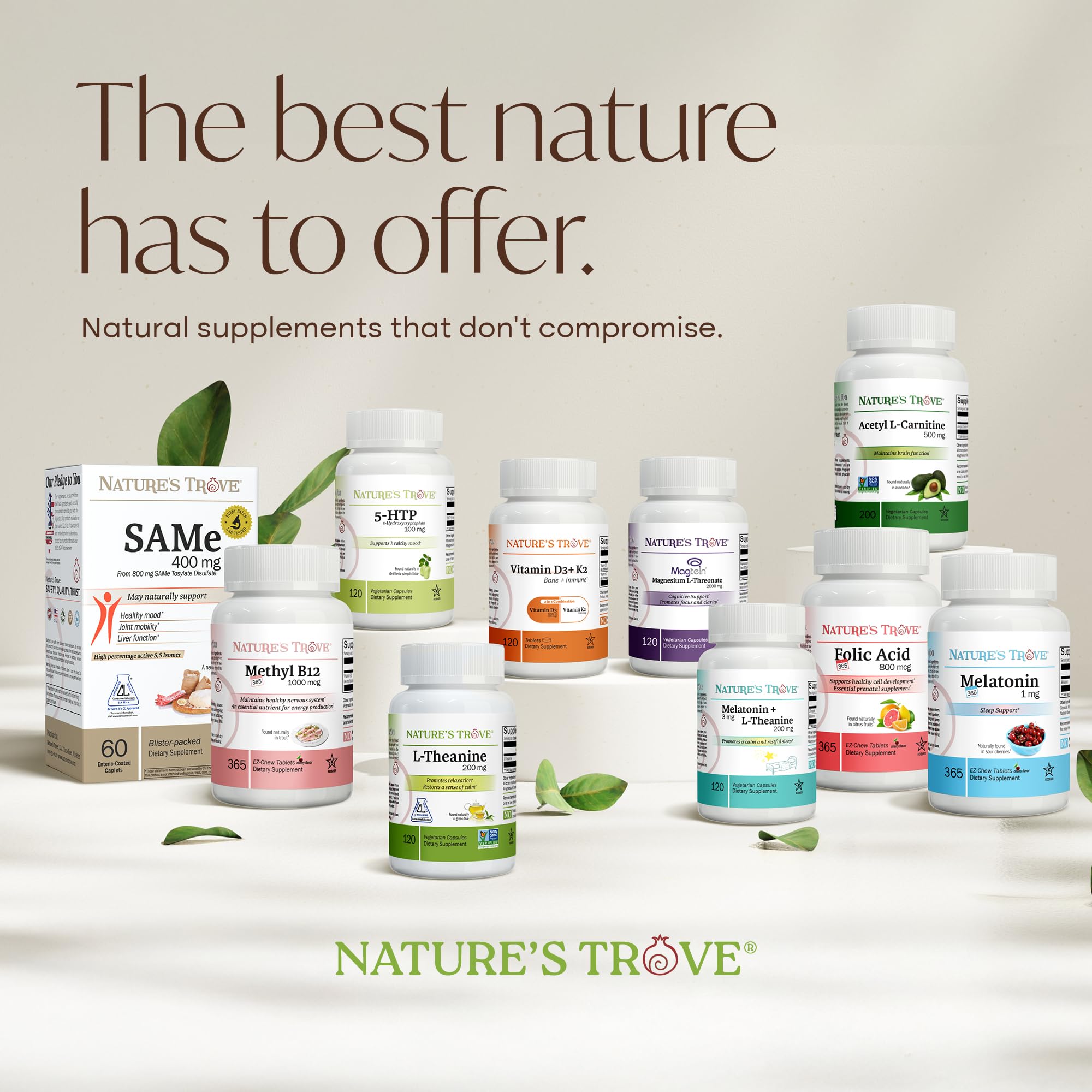 Nature's Trove bottle label close-up notes allergen-free and gluten-free options.