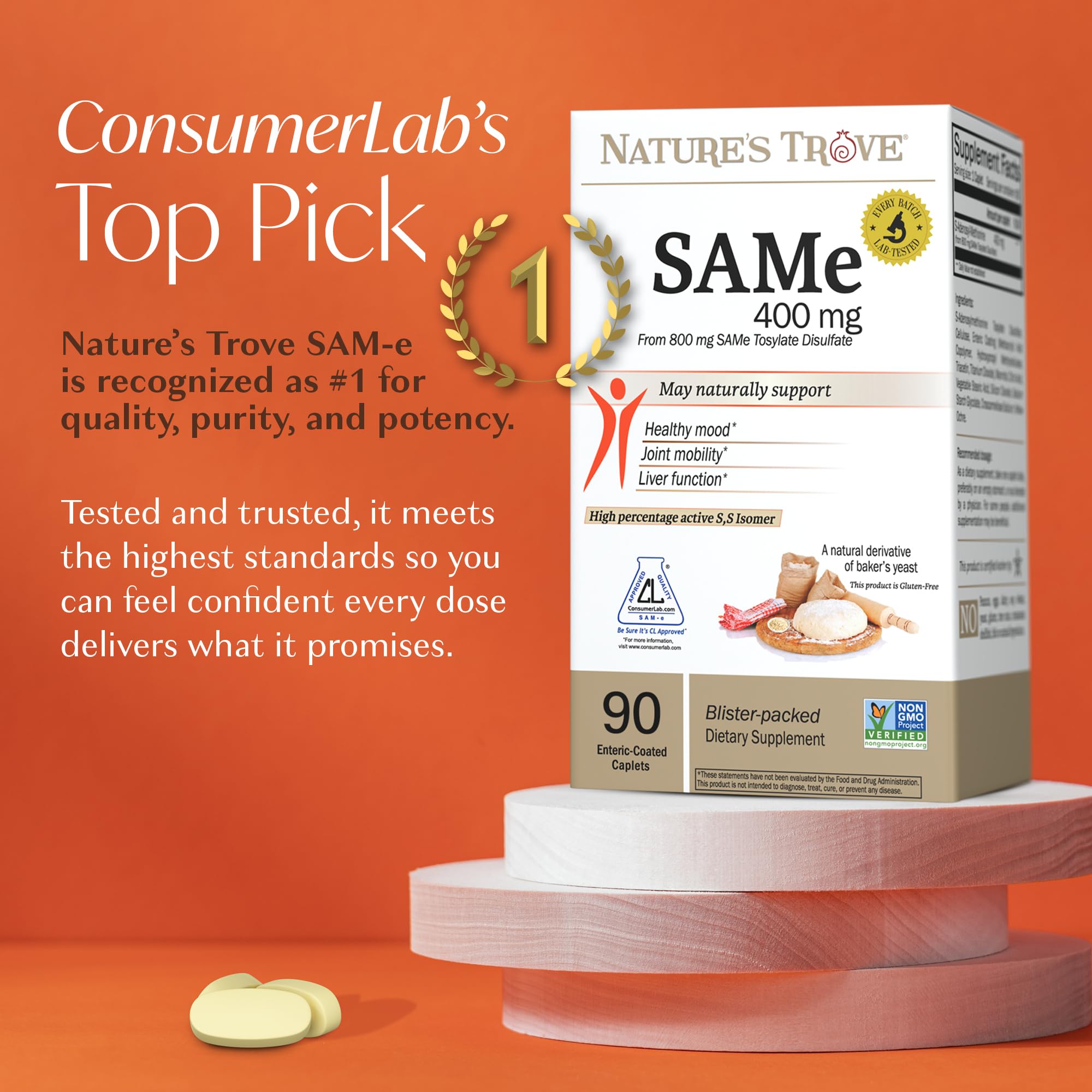 Nature's Trove SAM-e 400mg caplets close-up for easy swallowing.