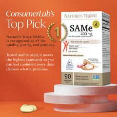 Nature's Trove SAM-e 400mg caplets close-up for easy swallowing.