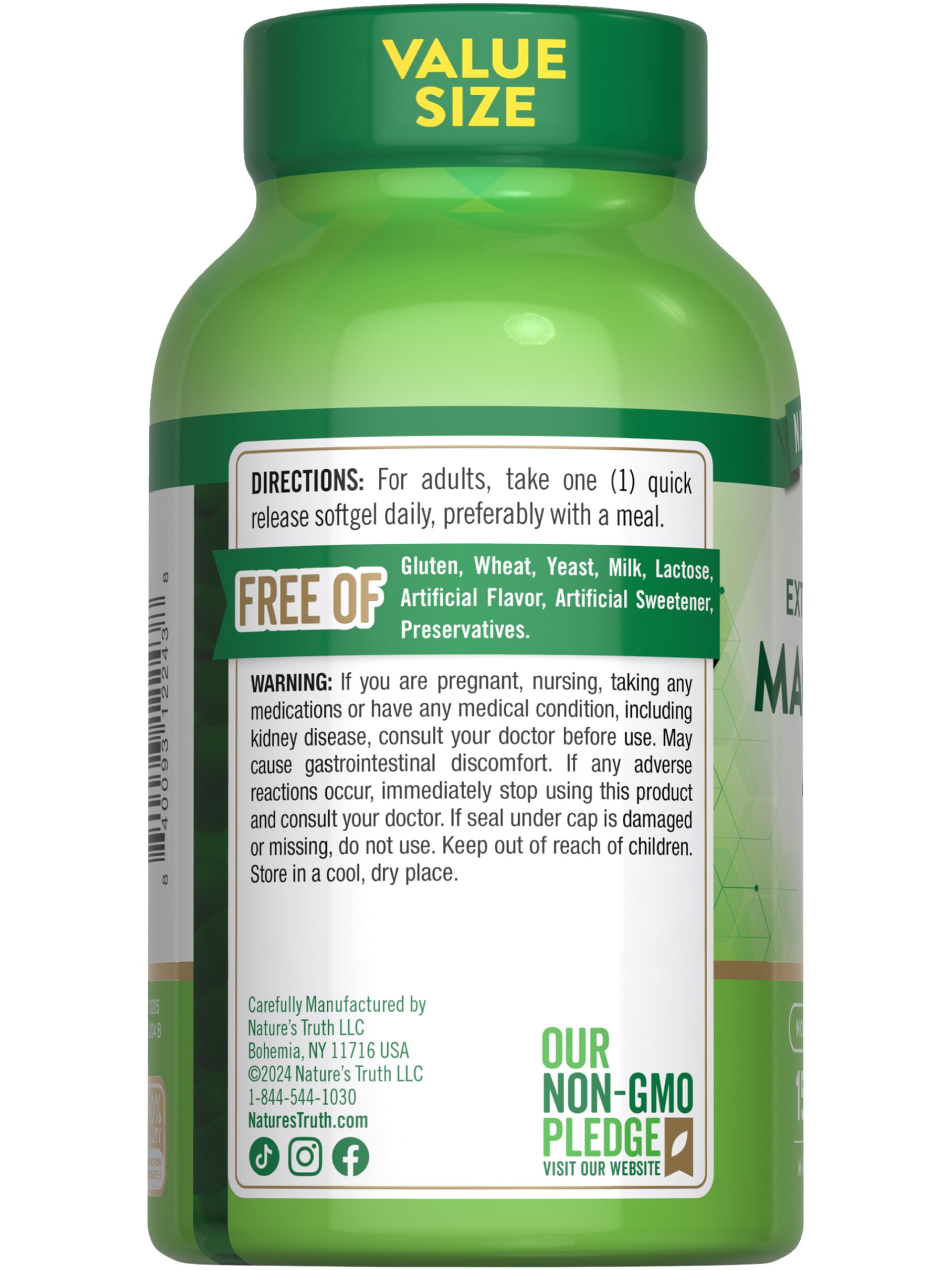Front view of Nature's Truth 150 softgels bottle indicating value size
