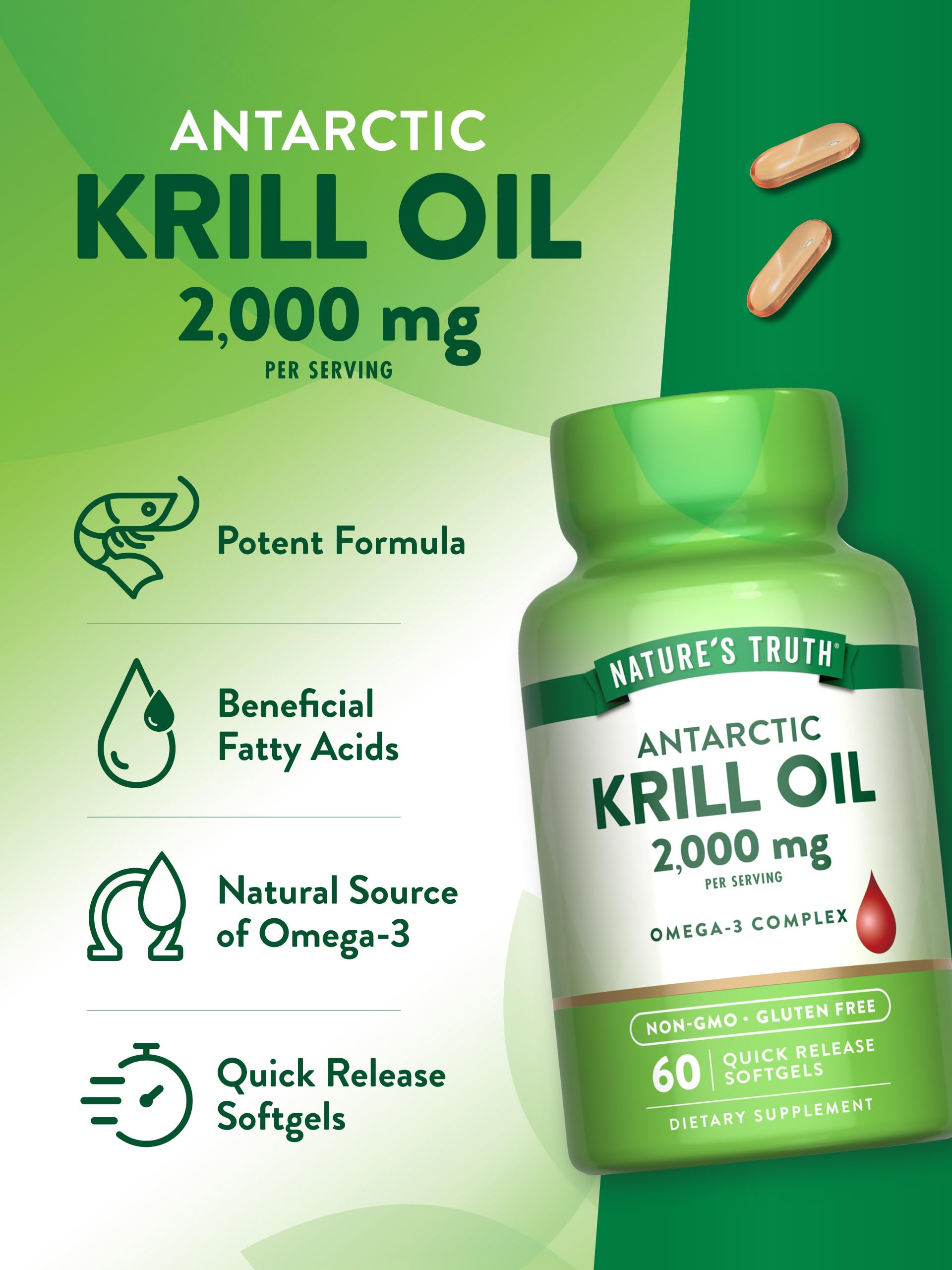 Nature's Truth Antarctic Krill Oil capsules inside bottle—golden softgels for daily use.
