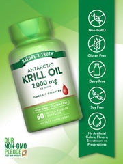 Nature's Truth Antarctic Krill Oil label detail—transparent ingredients and omega-3 info.