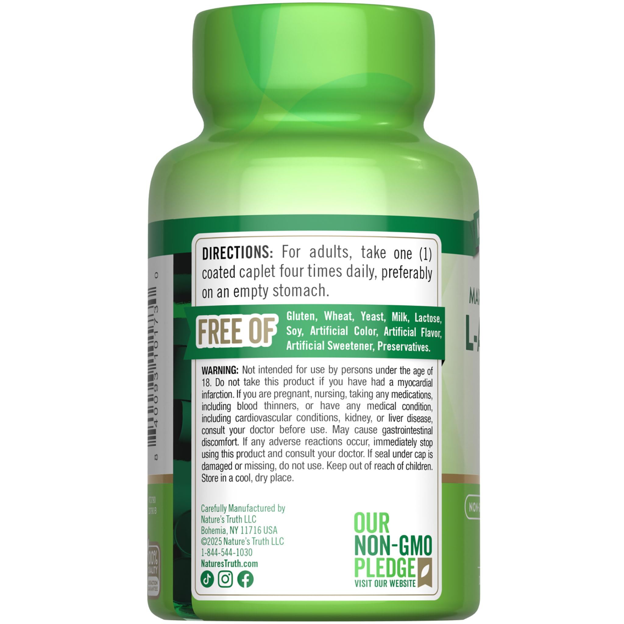 Nature's Truth L-Arginine HCL 1000mg caplets closeup highlights smooth coating.