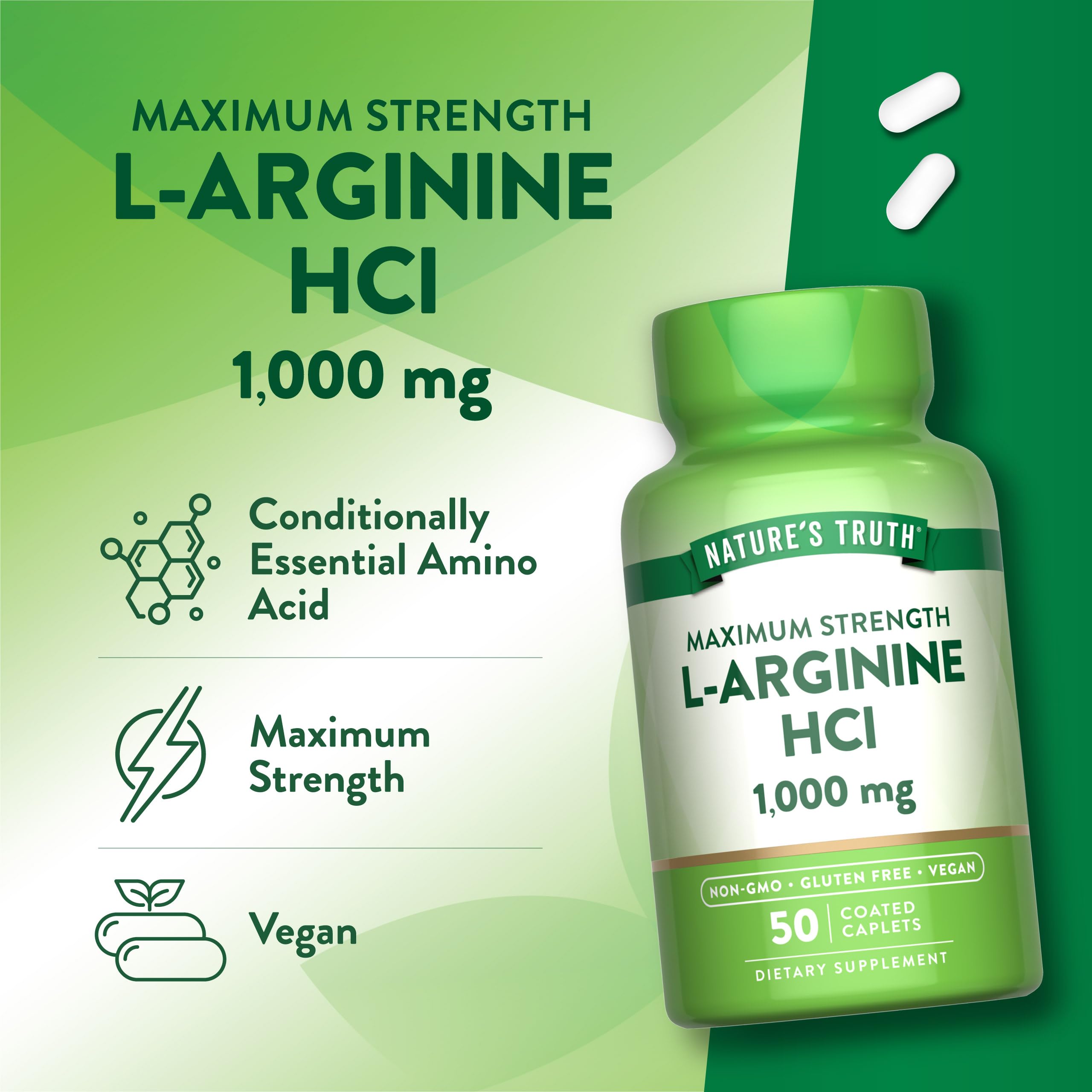 Nature's Truth L-Arginine HCL 1000mg ingredient panel lists key components.