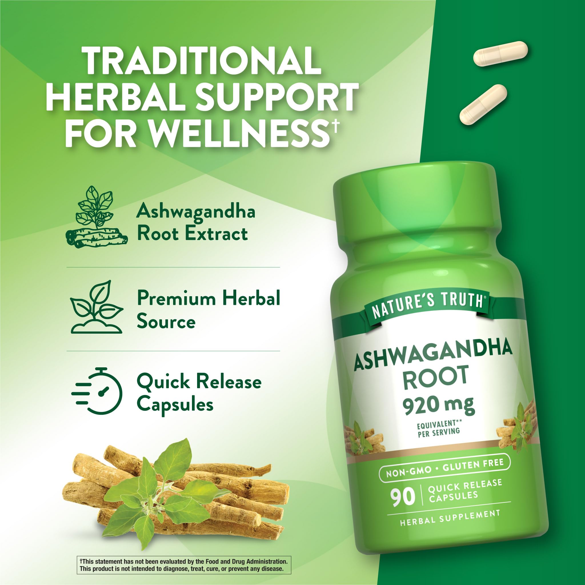 Nature's Truth Ashwagandha capsules glass bottle framed for premium herbal supplement.