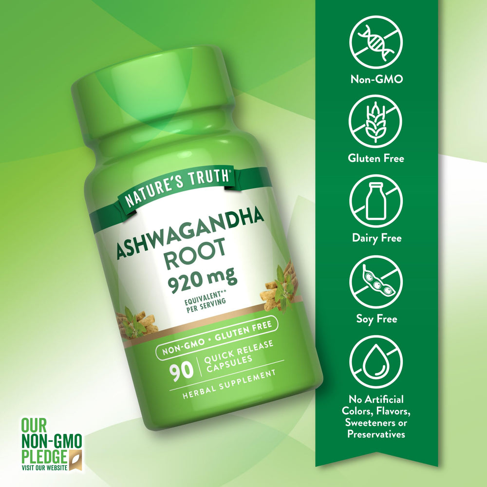 Nature's Truth Ashwagandha capsules label close-up emphasizes quality and three-generation expertise.