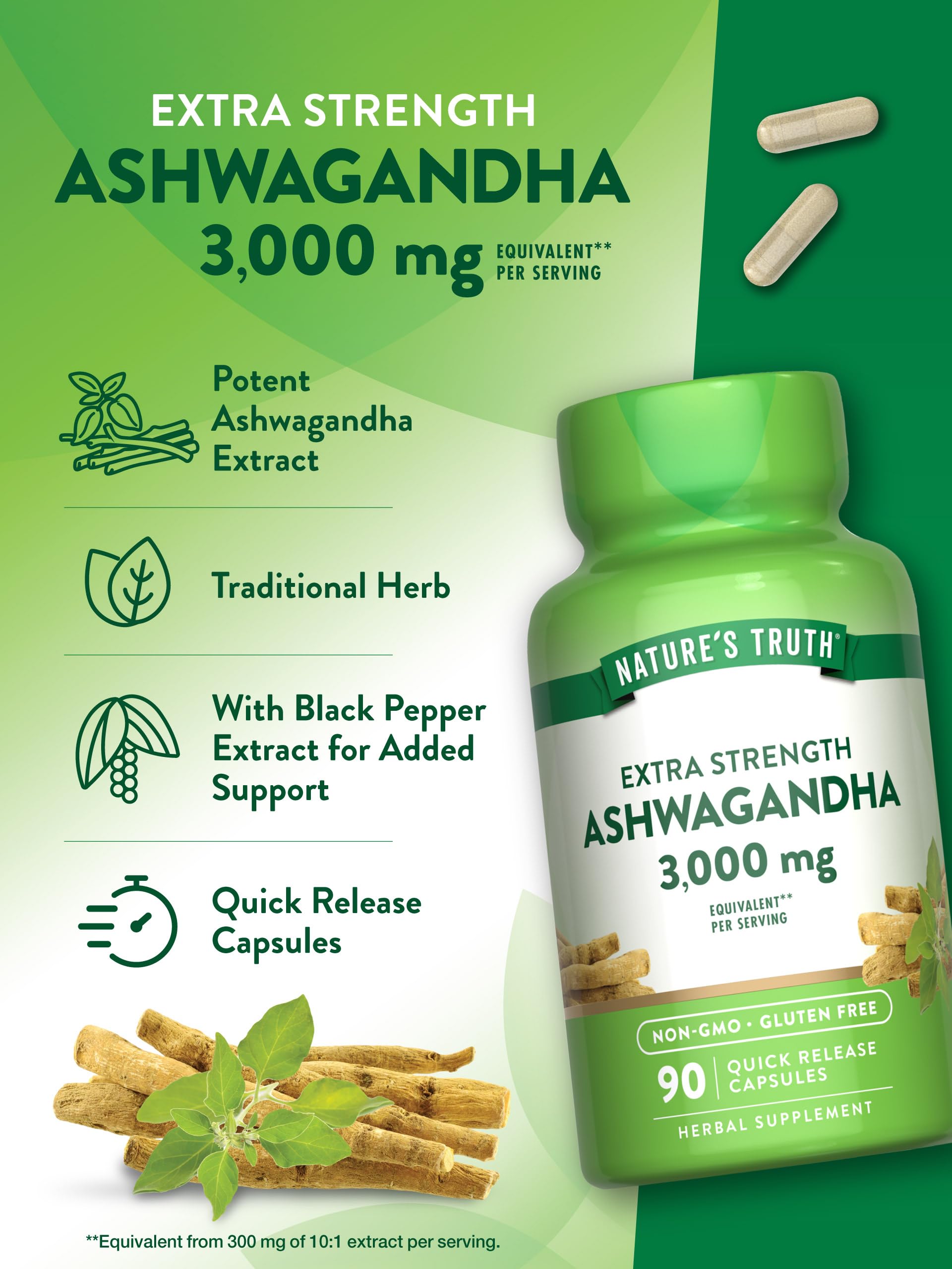 Gluten-free and Non-GMO Nature's Truth Ashwagandha with clean label.