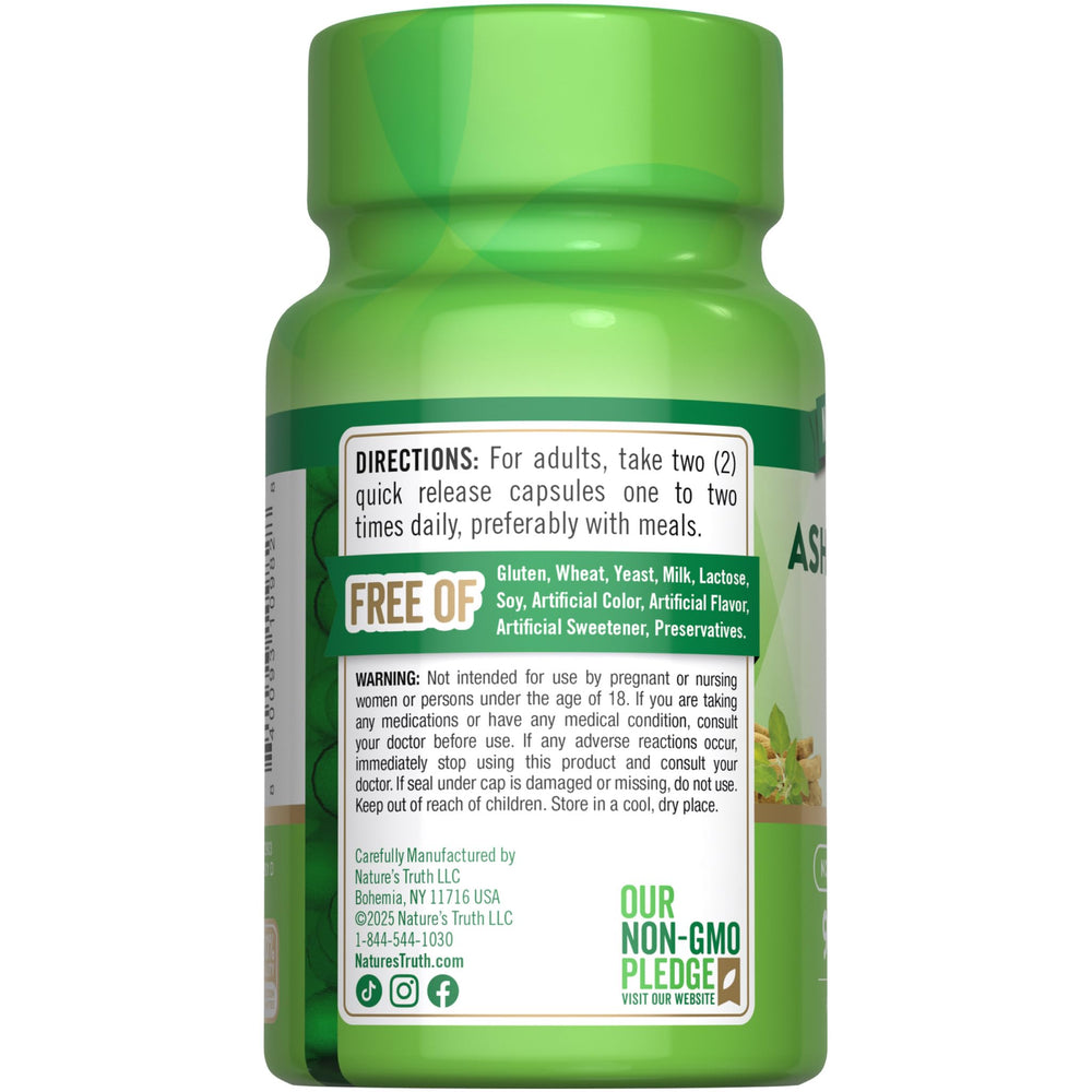 Nature's Truth Ashwagandha capsules sticker notes gluten-free and non-GMO status.
