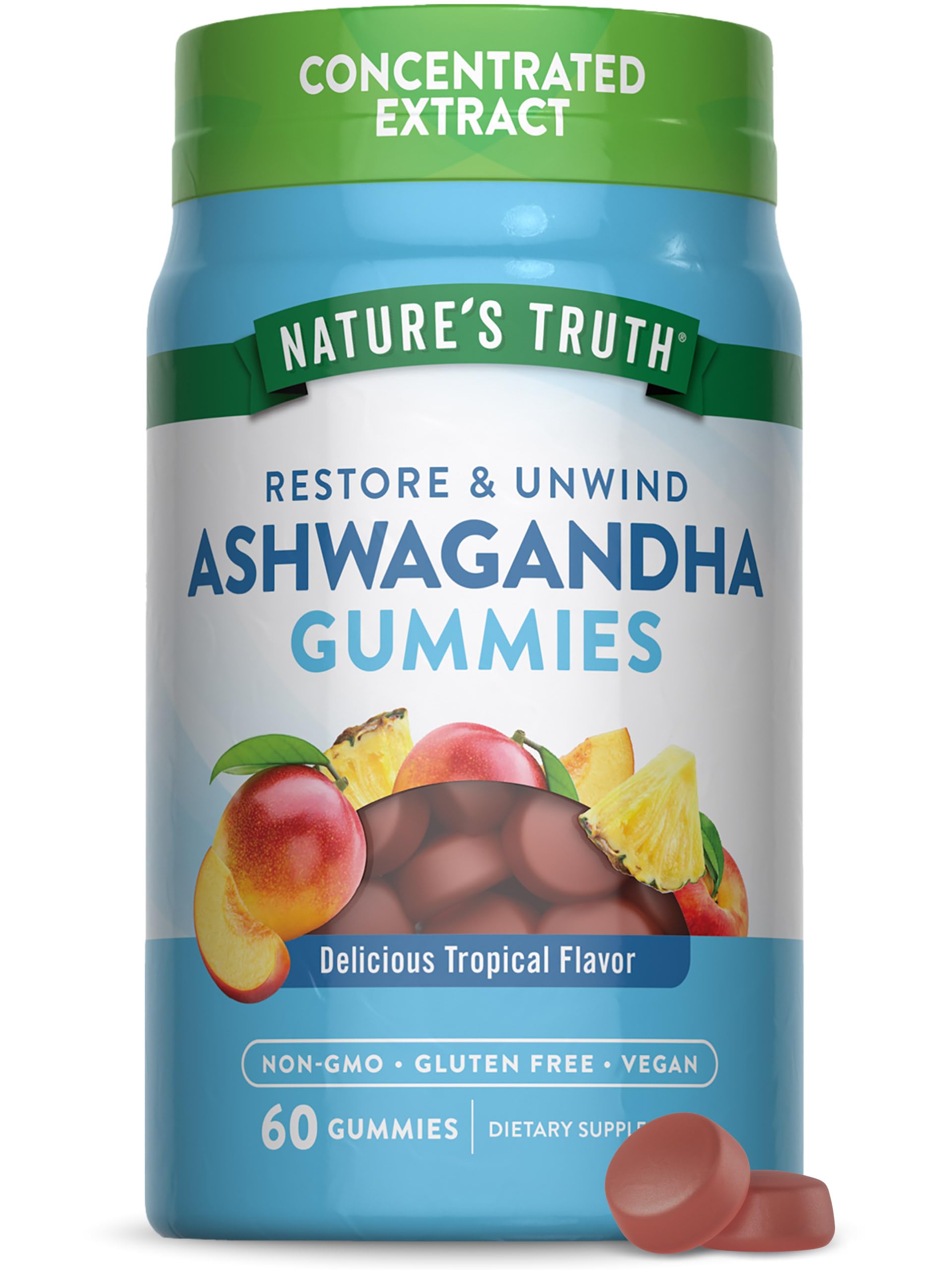Nature's Truth Ashwagandha Gummies bottle front showing tropical flavor and vegan formula