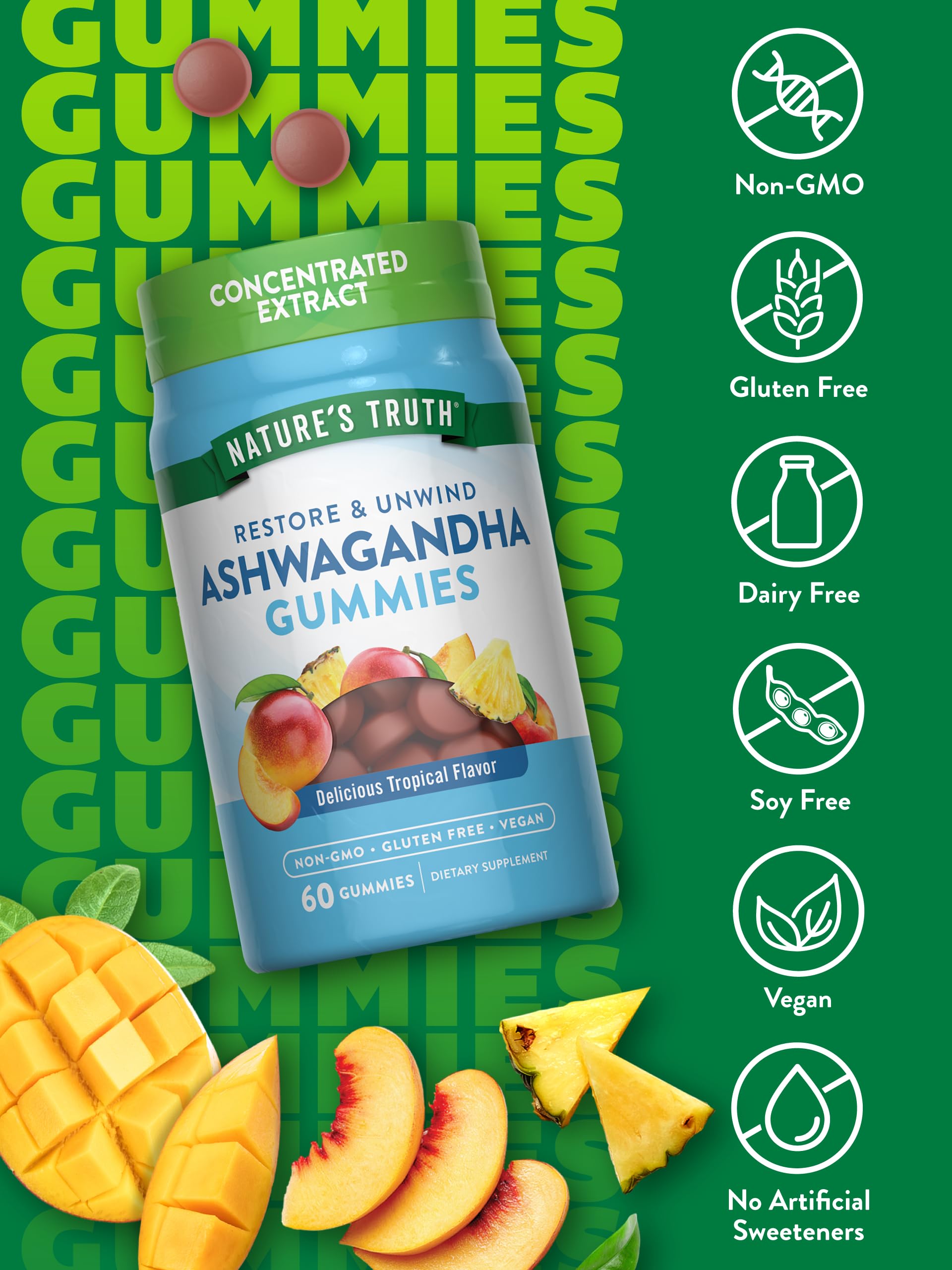 Nature's Truth Ashwagandha Gummies packaging highlights vegan, gluten-free, and non-GMO claims