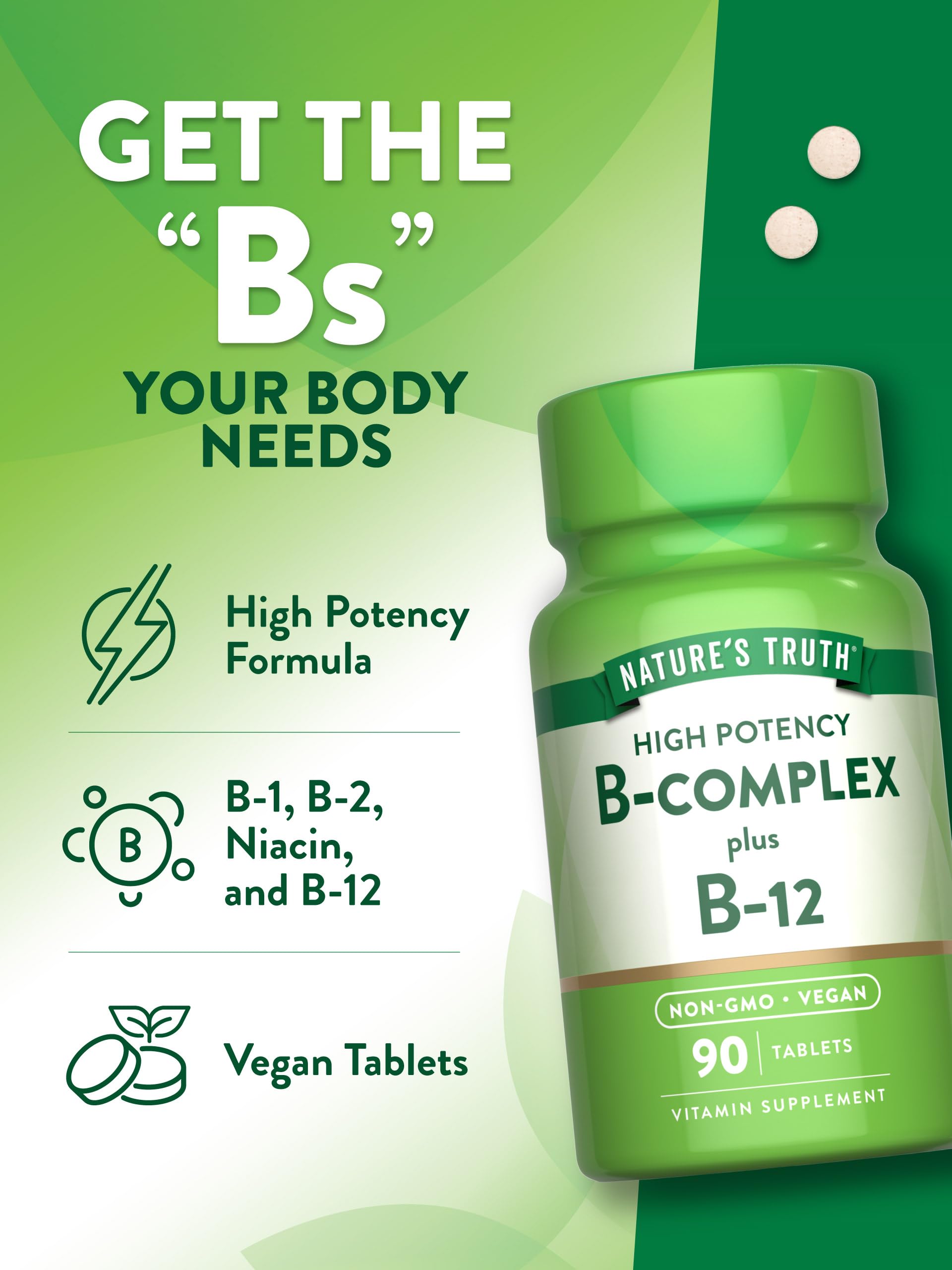 Nature's Truth B-Complex non-GMO label communicates clean ingredients.