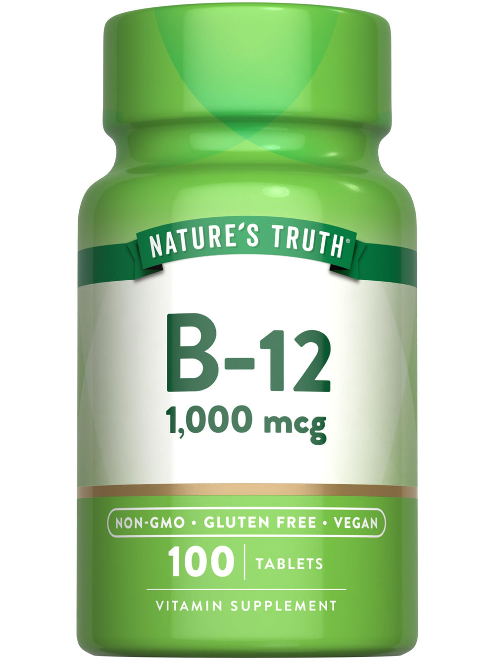 Nature's Truth B12 1000 mcg tablets bottle view for daily vegan support.