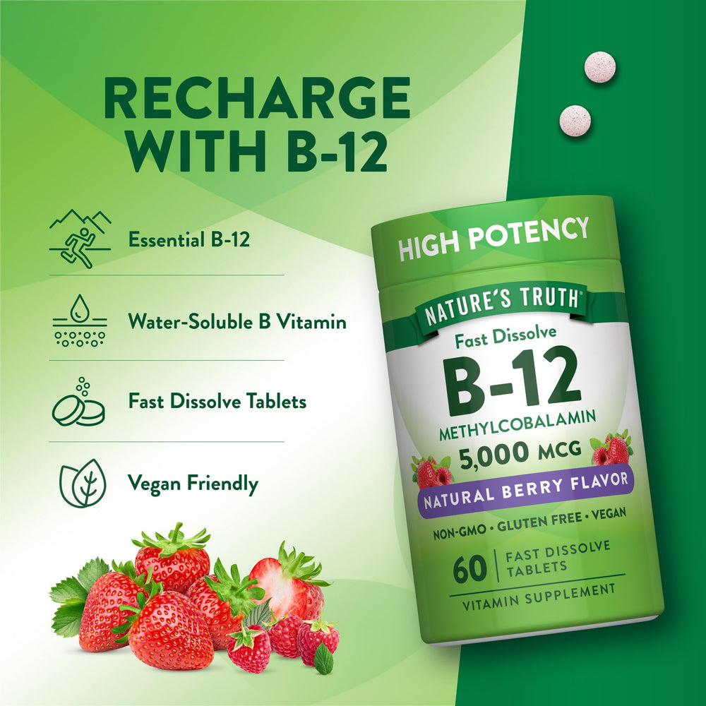 Nature's Truth B12 5000 mcg gluten-free and non-GMO seal on label