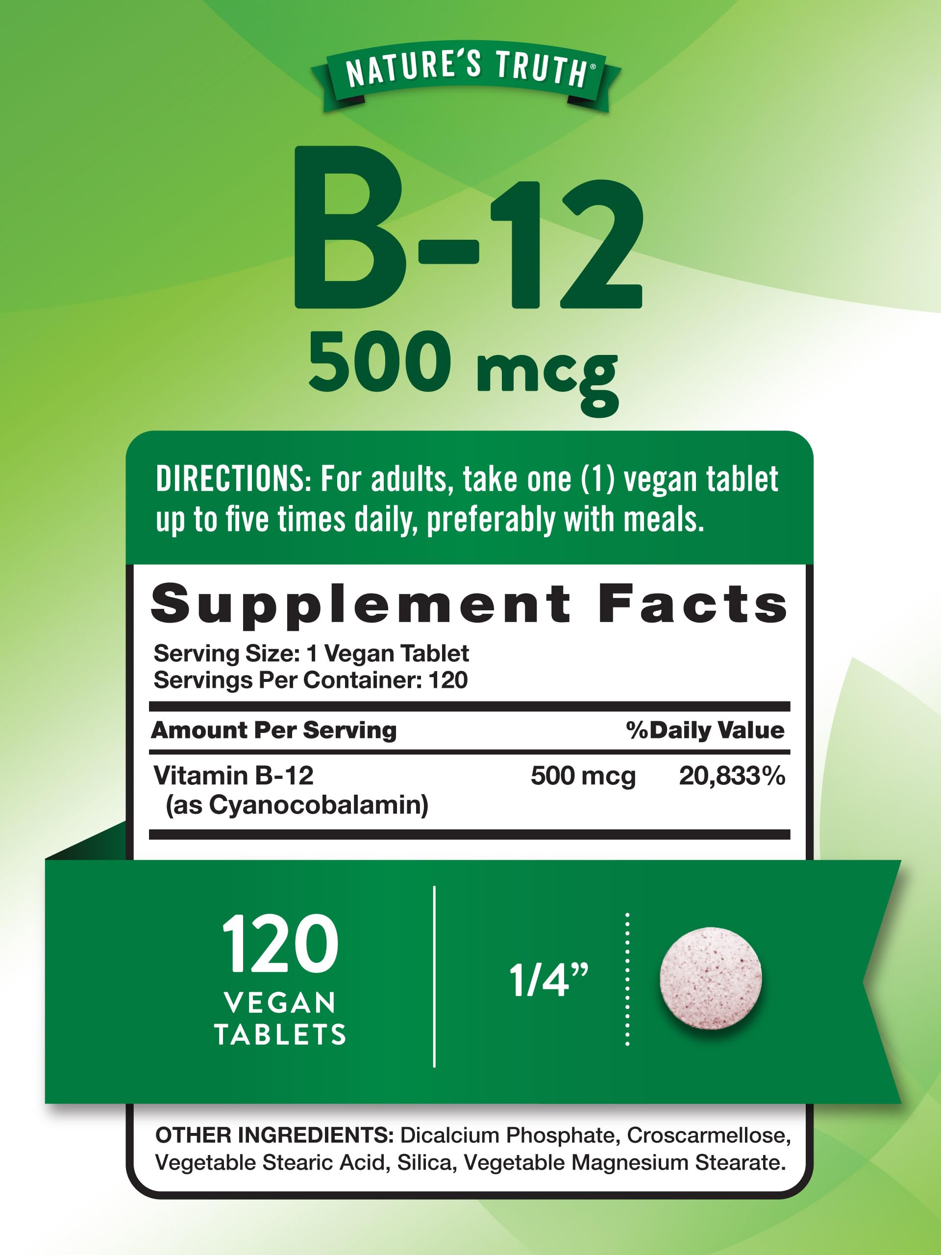 Nature's Truth B12 label closeup highlighting vegan and gluten-free formulation