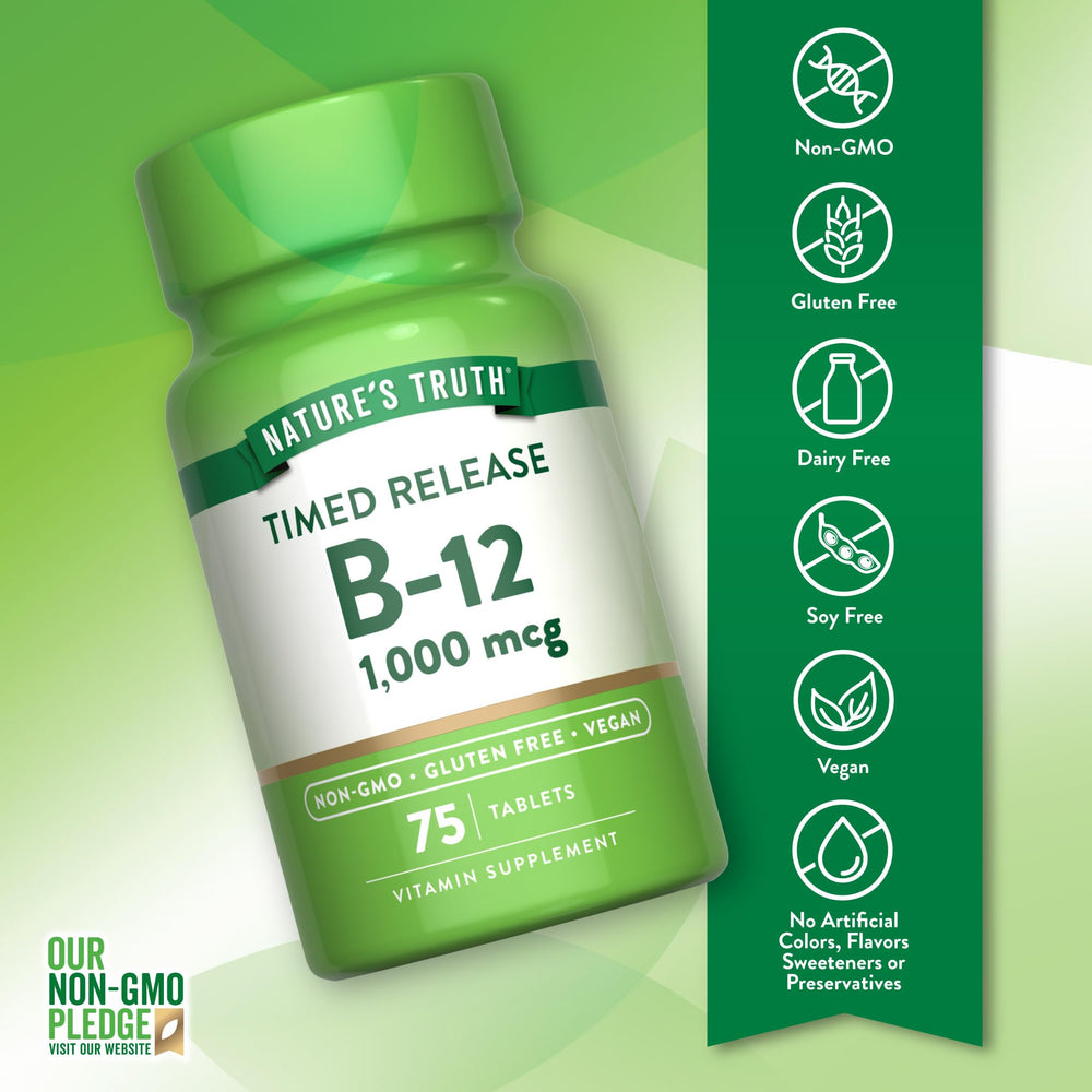 Nature's Truth Vitamin B12 tablets dispensed illustrating easy daily supplementation routine.