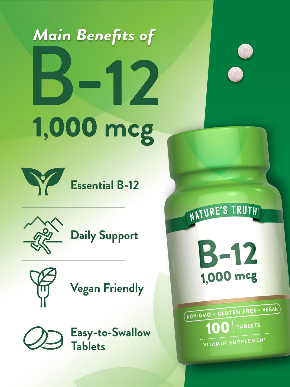 Nature's Truth B12 tablets being taken with water for daily routine.