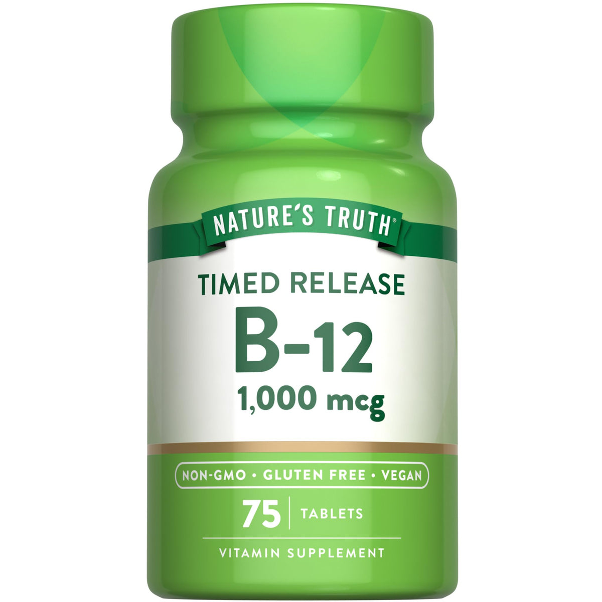 Nature's Truth Vitamin B12 bottle close-up showing timed-release tablets for steady energy support.