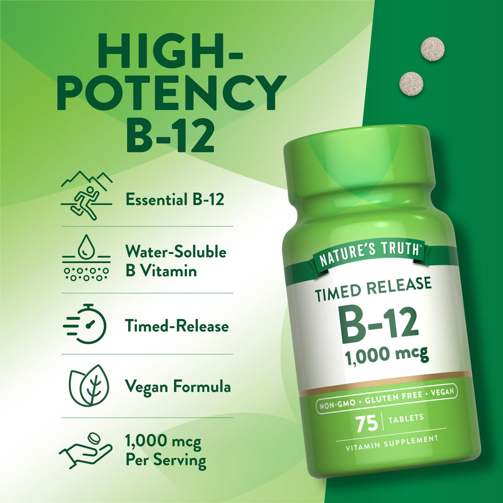 Nature's Truth Vitamin B12 vegan formula supports allergy-friendly wellness.