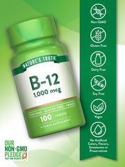 Nature's Truth vegan B12 bottle label emphasizing gluten-free, non-GMO formula.