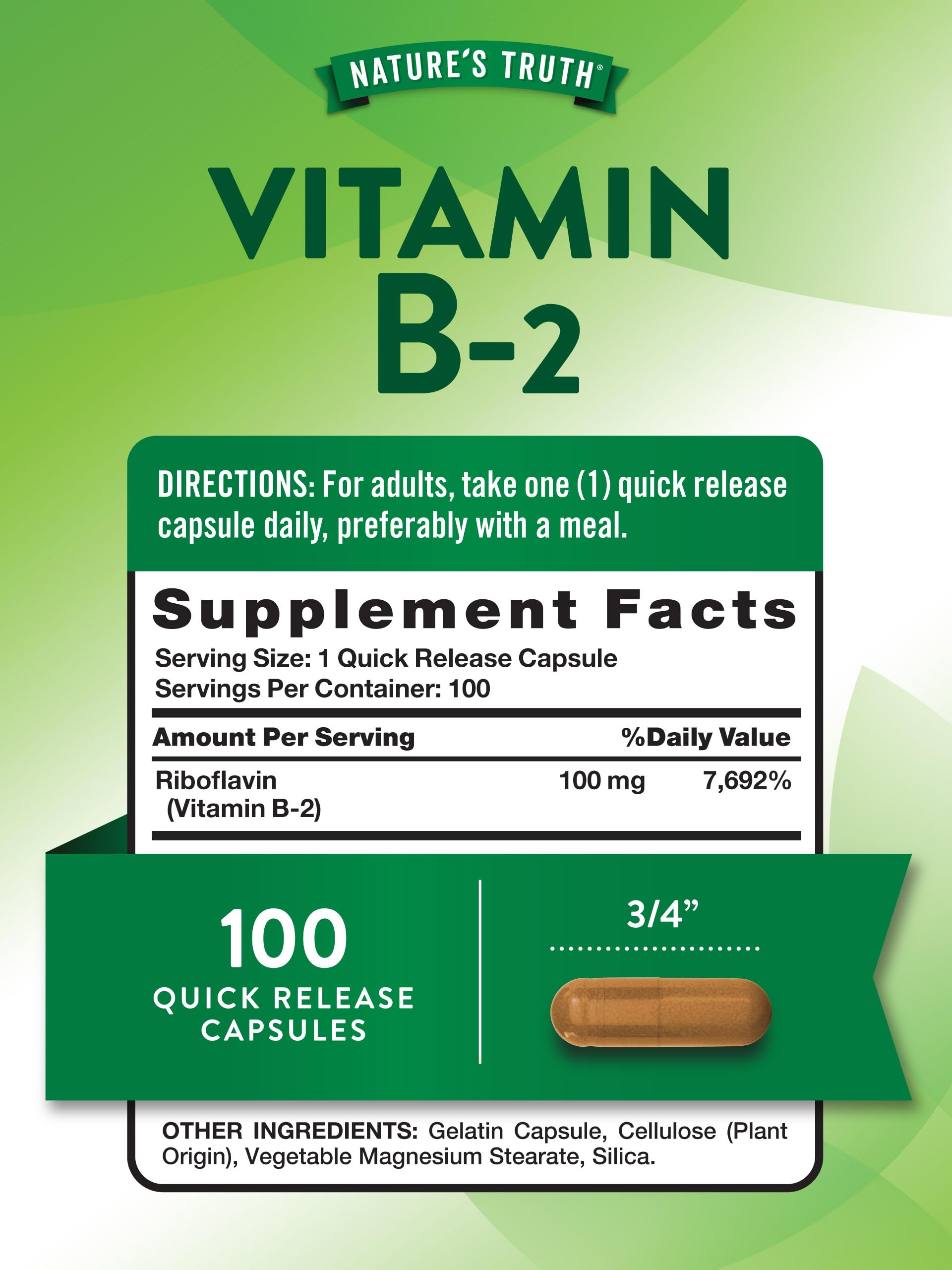 Nature's Truth B2 Vitamin capsules close-up highlighting quick-release intake.