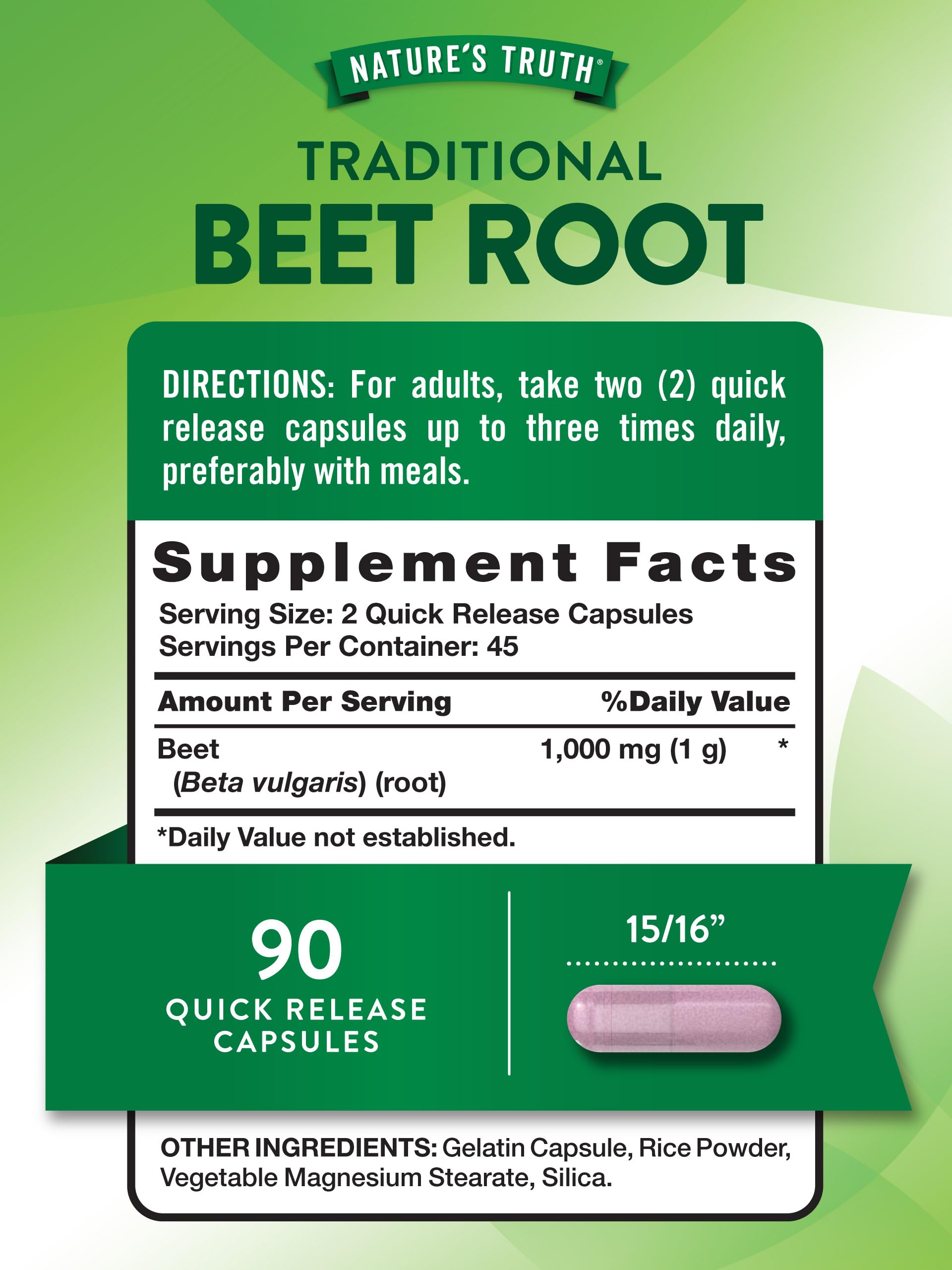 Nature's Truth Beet Root Capsules close-up shows smooth capsules for easy swallowing.