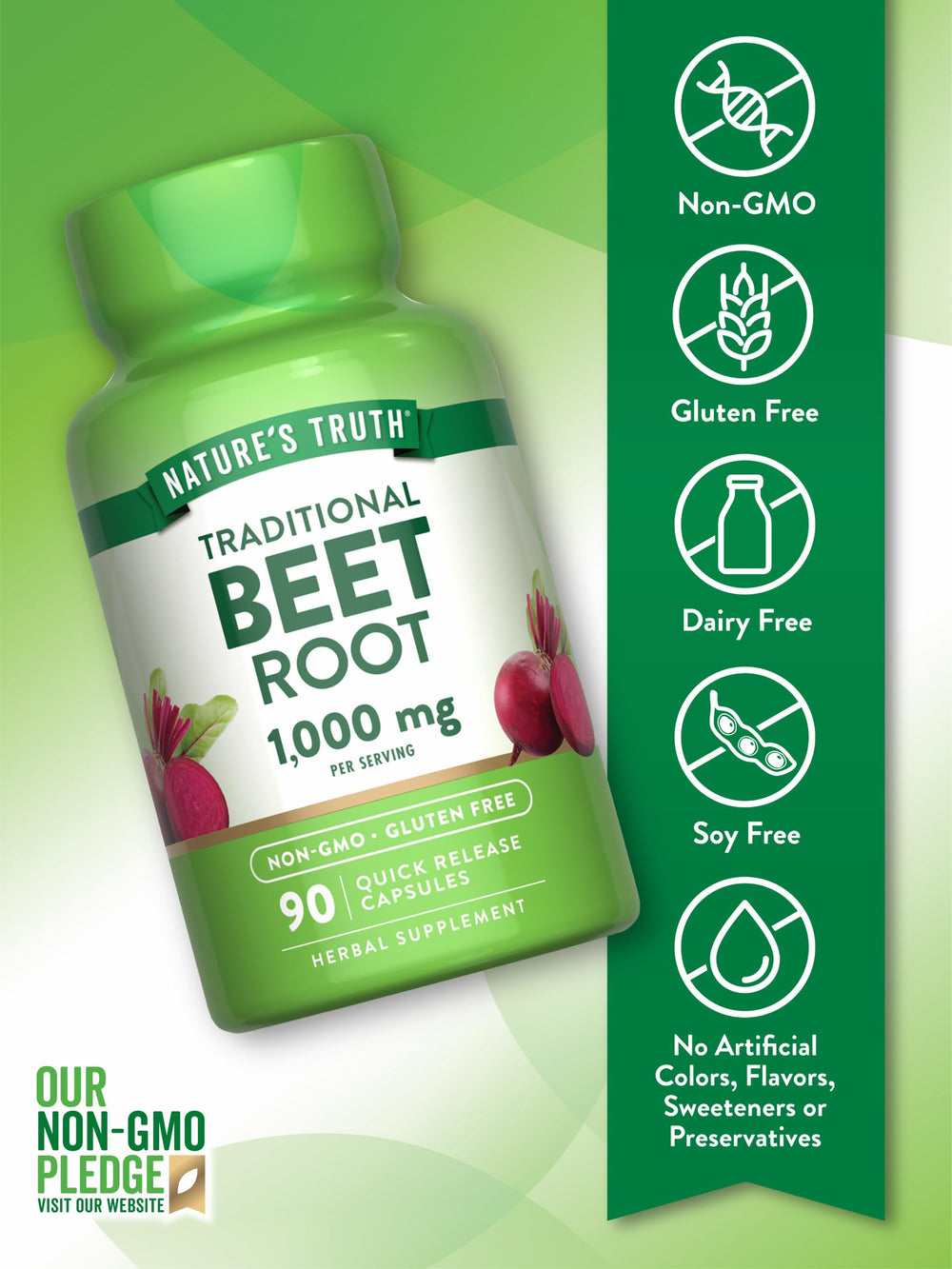 Nature's Truth Beet Root label highlights gluten-free ingredients for sensitive diets.