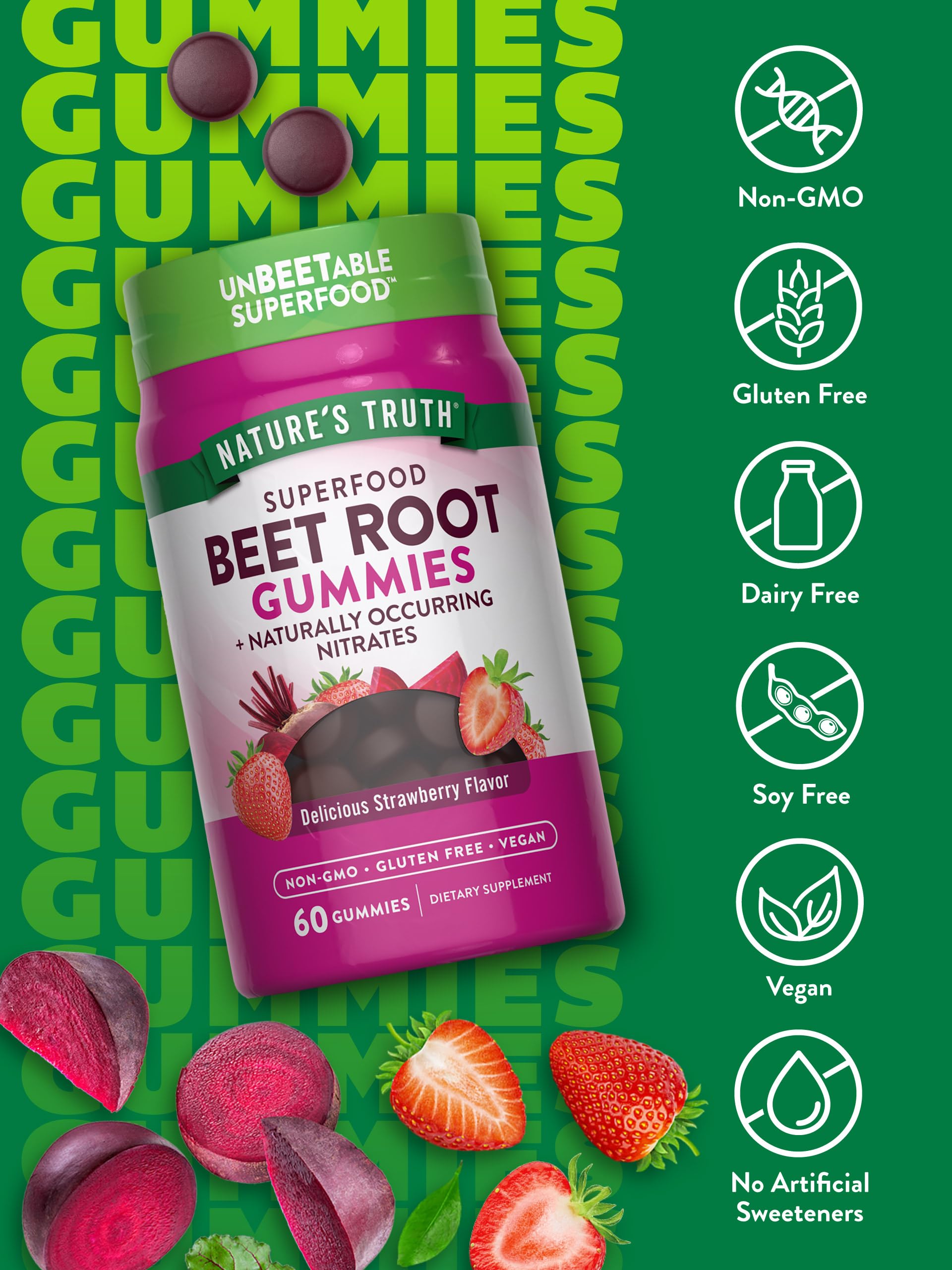 Nature's Truth Beet Root Gummies vegan ingredient panel highlights gluten-free status.